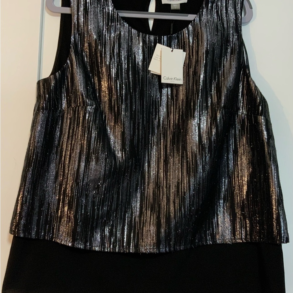 Calvin Klein Black and Silver Striped Top NWT